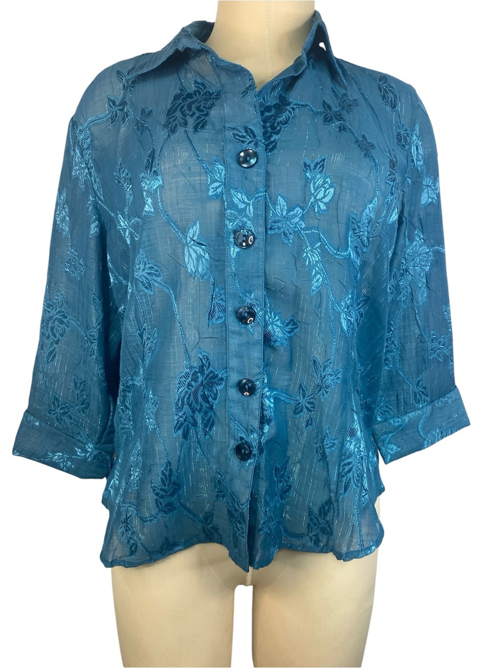 Coldwater Creek Teal Floral Sheer Button-Up Blouse Women’s PM